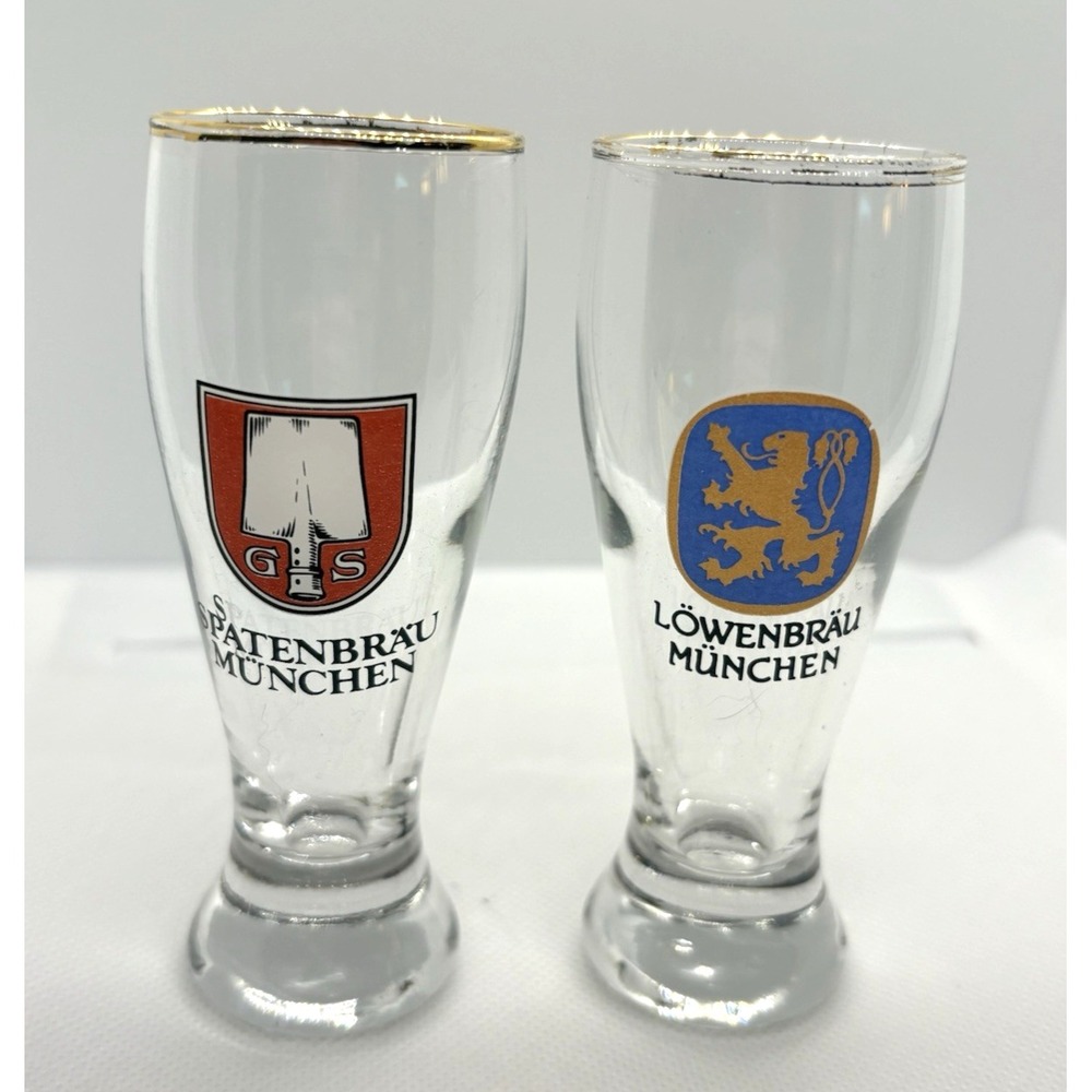 Lot of 2 German‎ Brewery Shot Glasses Spatenbräu & Löwenbräu München Gold Rim